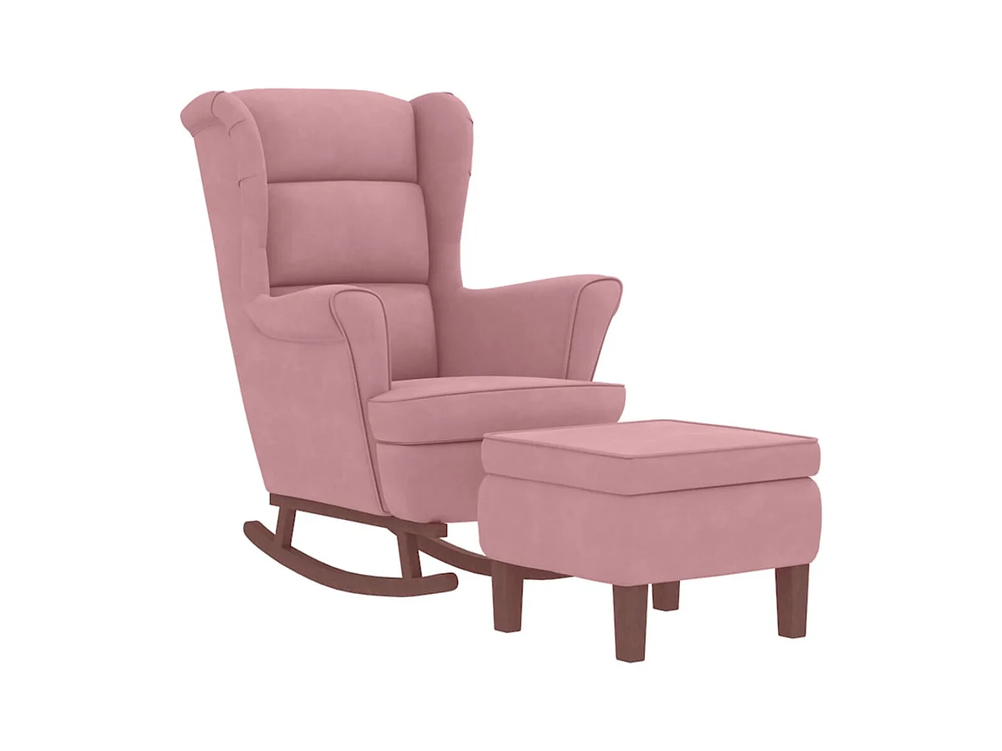 Sedia a dondolo con gambe in legno e sgabello in velluto rosa