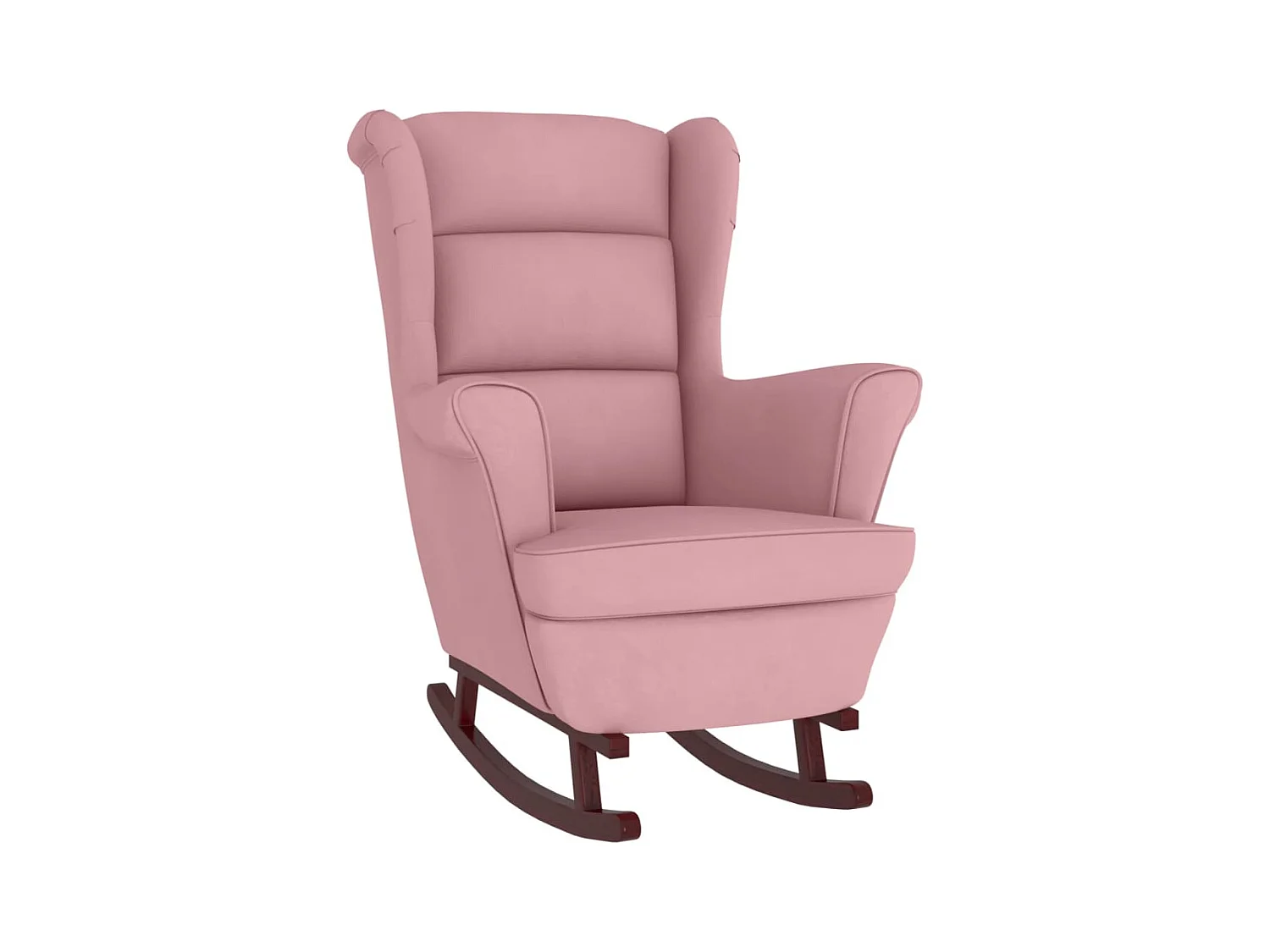 Sedia a dondolo con gambe in legno e sgabello in velluto rosa