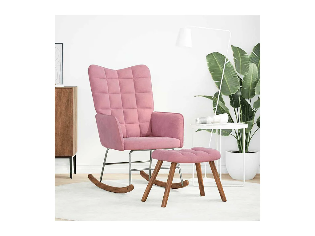 Chaise à bascule avec repose-pied rose velours