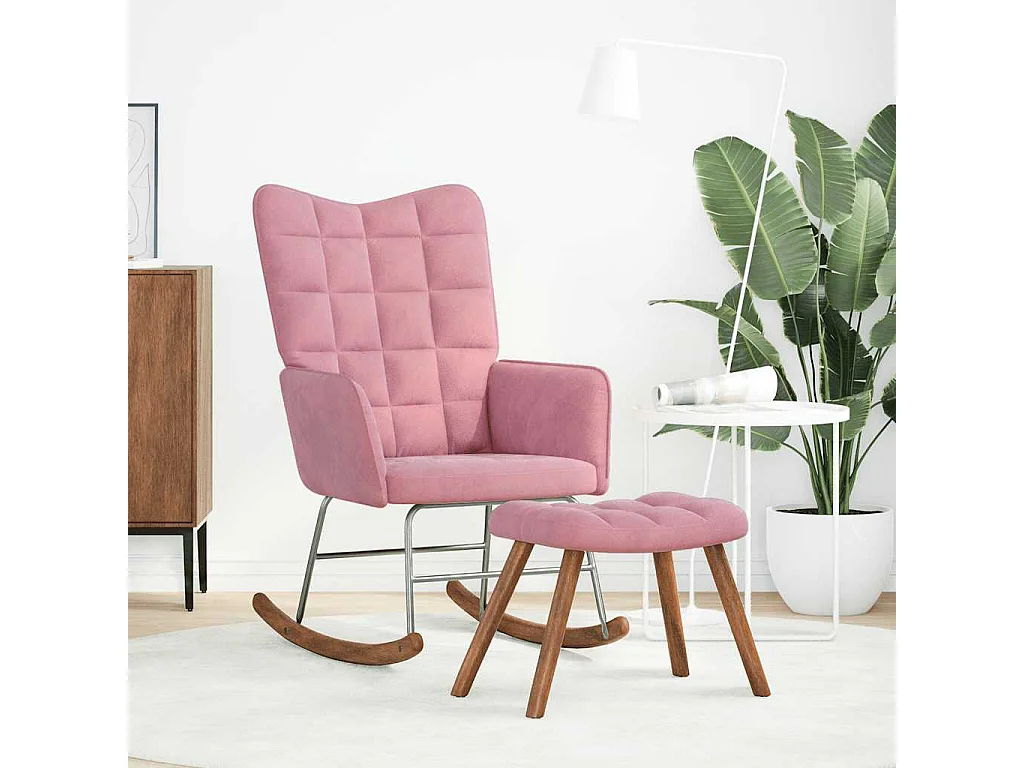 Sedia a dondolo con poggiapiedi in velluto rosa