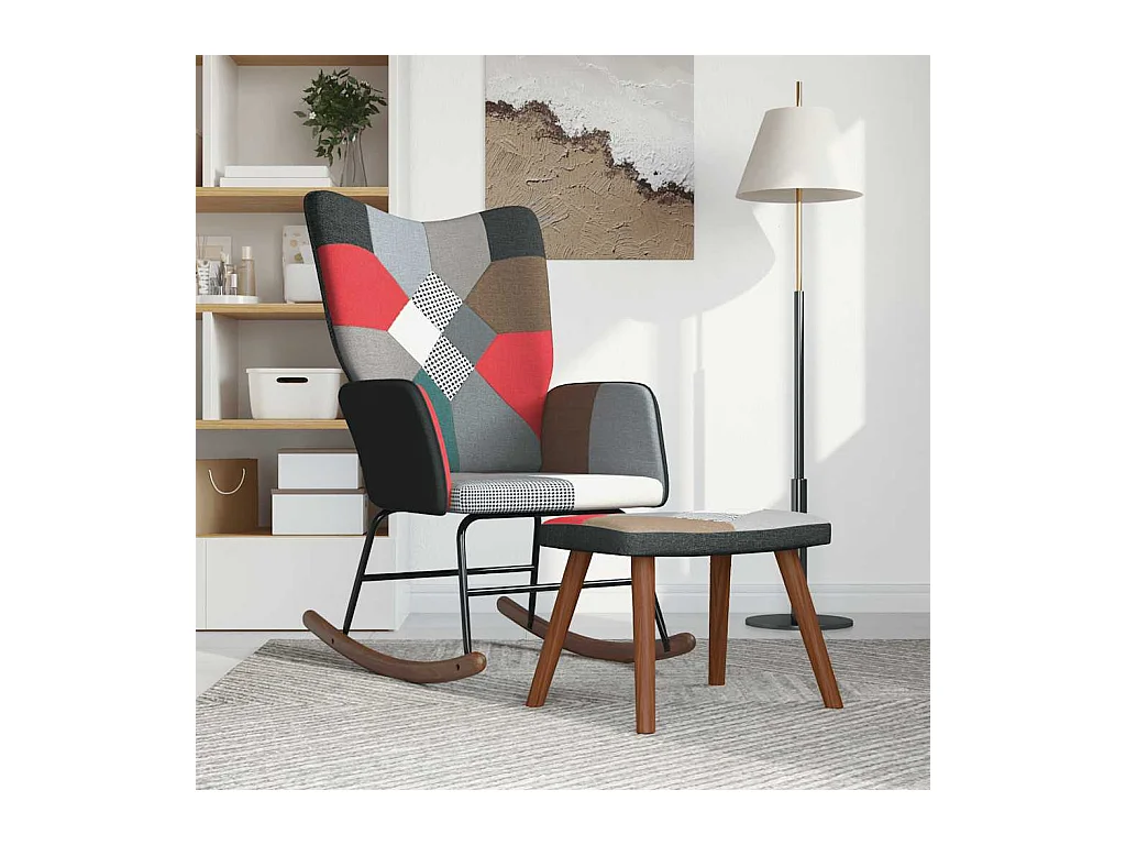 Sedia a dondolo con sgabello in tessuto patchwork