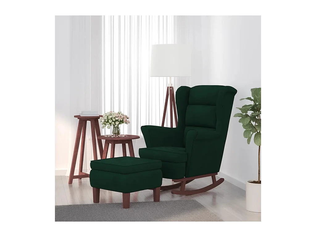 Schommelstoel met houten poten en kruk Donkergroen