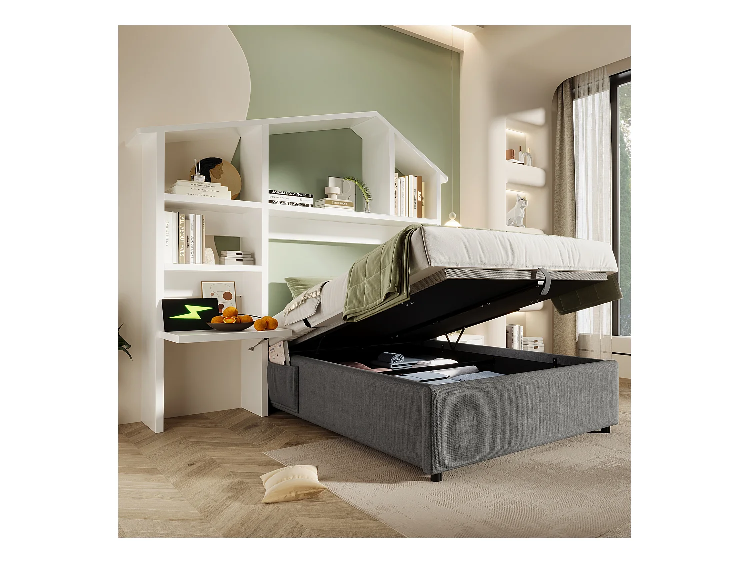 Letto per bambini 90x200 cm con ripiano bianco, contenitore idraulico e USB-C, struttura in lino grigio con rete a doghe (202x148x156 cm)