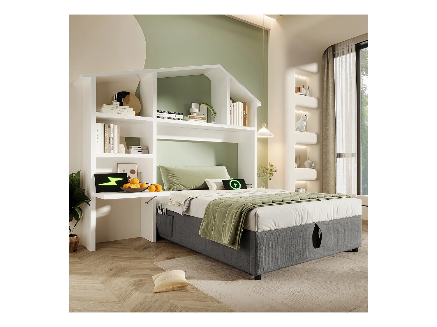 Letto per bambini 90x200 cm con ripiano bianco, contenitore idraulico e USB-C, struttura in lino grigio con rete a doghe (202x148x156 cm)