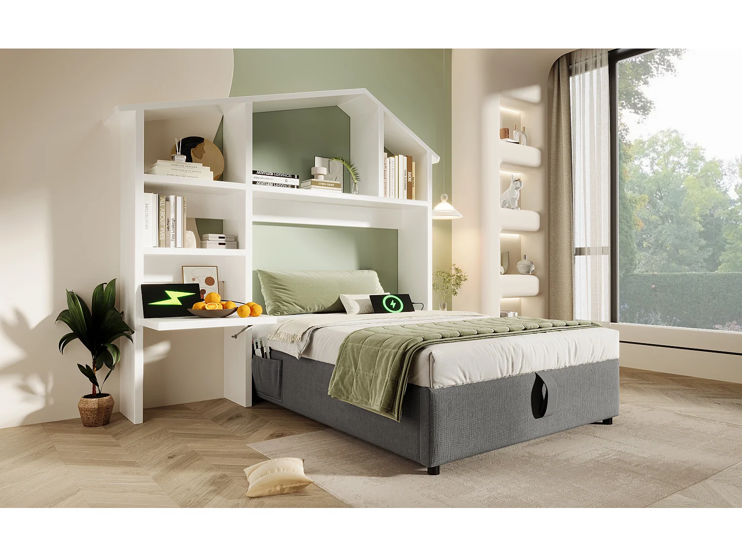 Letto per bambini 90x200 cm con ripiano bianco, contenitore idraulico e USB-C, struttura in lino grigio con rete a doghe (202x148x156 cm)