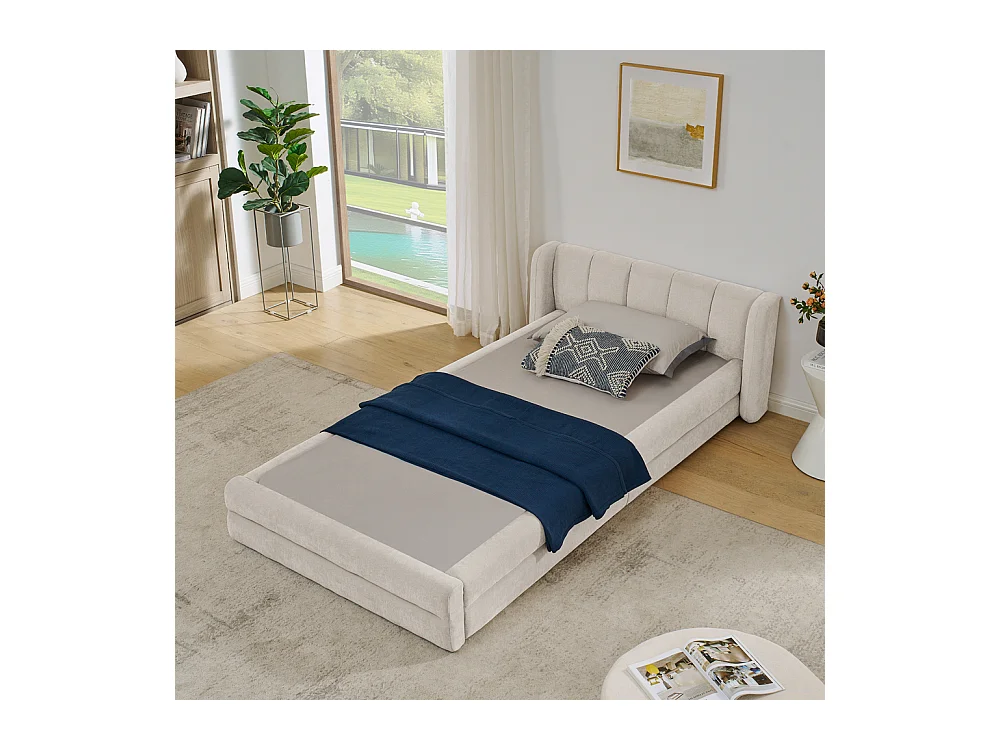 Letto singolo 90x200 cm, morbido tessuto in ciniglia, schienale comodo, beige (senza materasso) (220x105x60 cm)