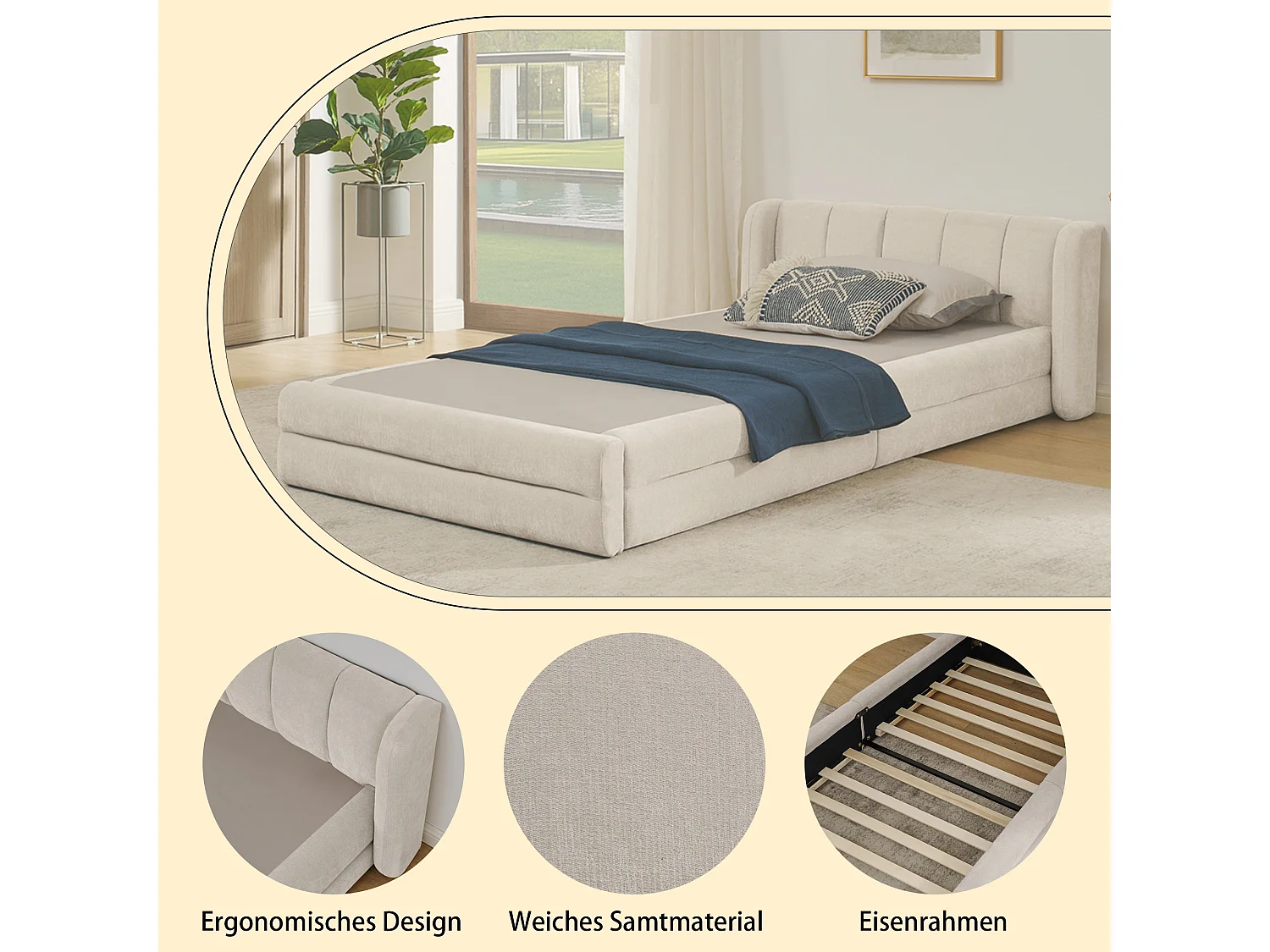 Lit simple 90x200 cm, tissu chenille doux, dossier confortable, beige (sans matelas) (220x105x60 cm)