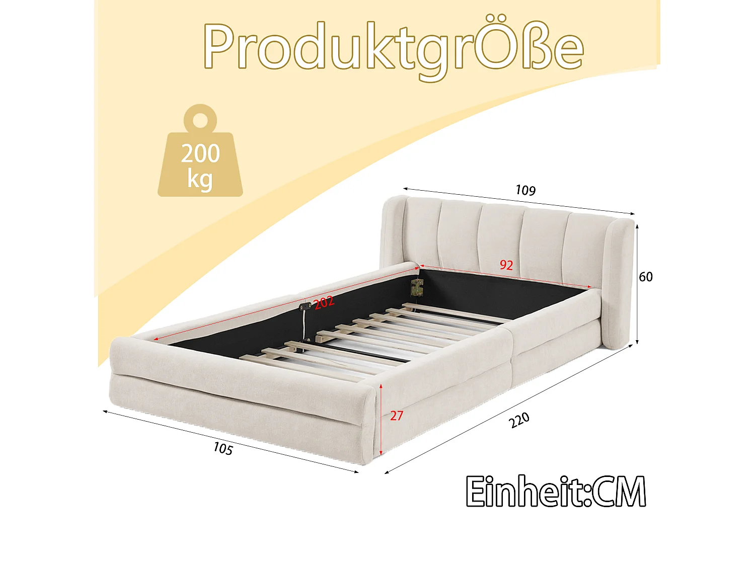 Lit simple 90x200 cm, tissu chenille doux, dossier confortable, beige (sans matelas) (220x105x60 cm)