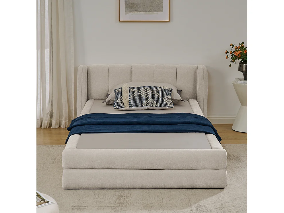 Lit simple 90x200 cm, tissu chenille doux, dossier confortable, beige (sans matelas) (220x105x60 cm)