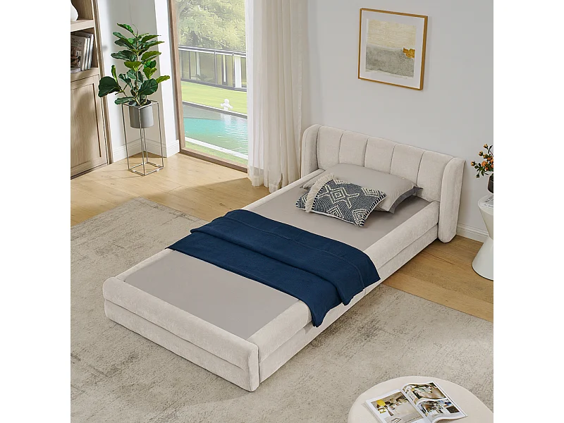 Lit simple 90x200 cm, tissu chenille doux, dossier confortable, beige (sans matelas) (220x105x60 cm)