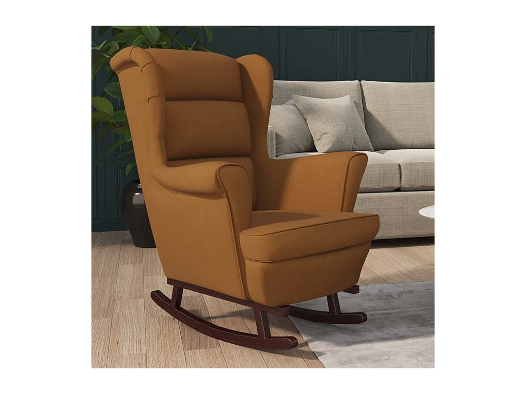 Mecedora con patas de madera maciza de caucho en terciopelo marrón