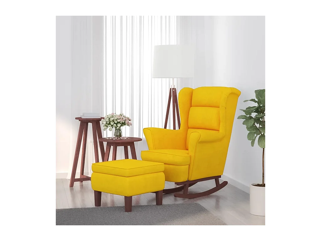 Schommelstoel met houten poten en kruk Geel Fluweel