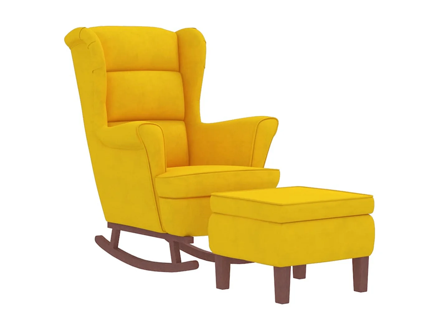 Sedia a dondolo con gambe in legno e sgabello in velluto giallo