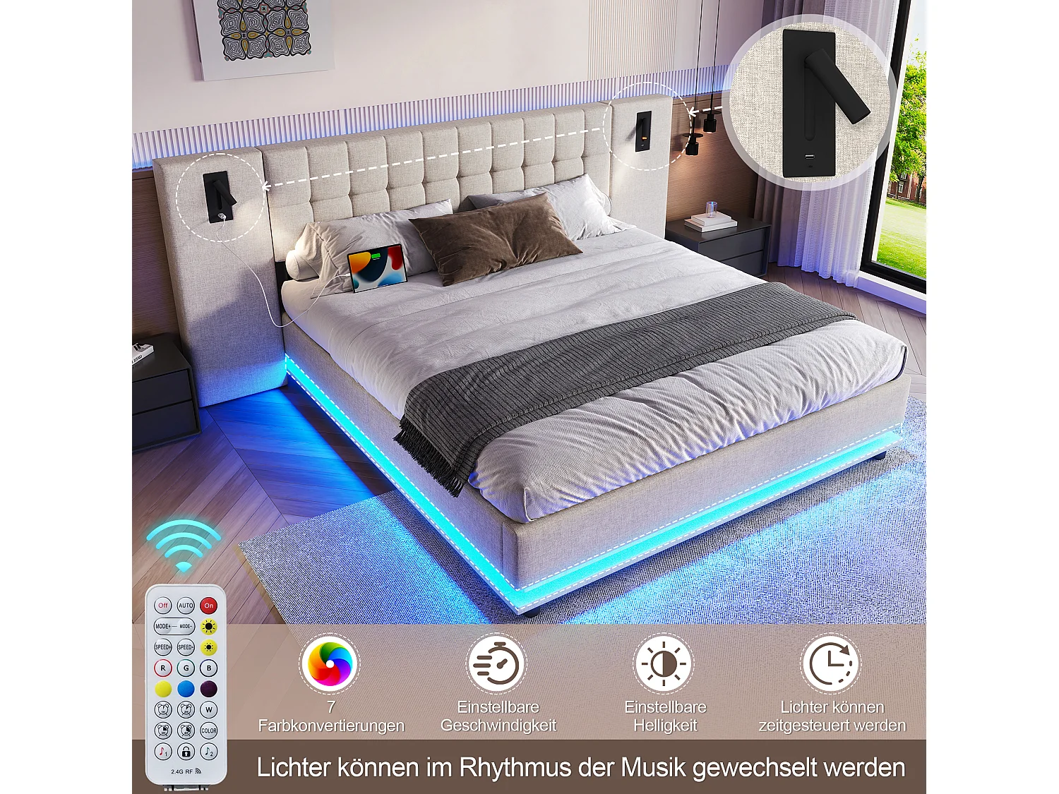 Linnenbed 180x200 cm met LED, hoofdbord met spot en USB-aansluiting, zonder matras, beige (203,5x250x103 cm)