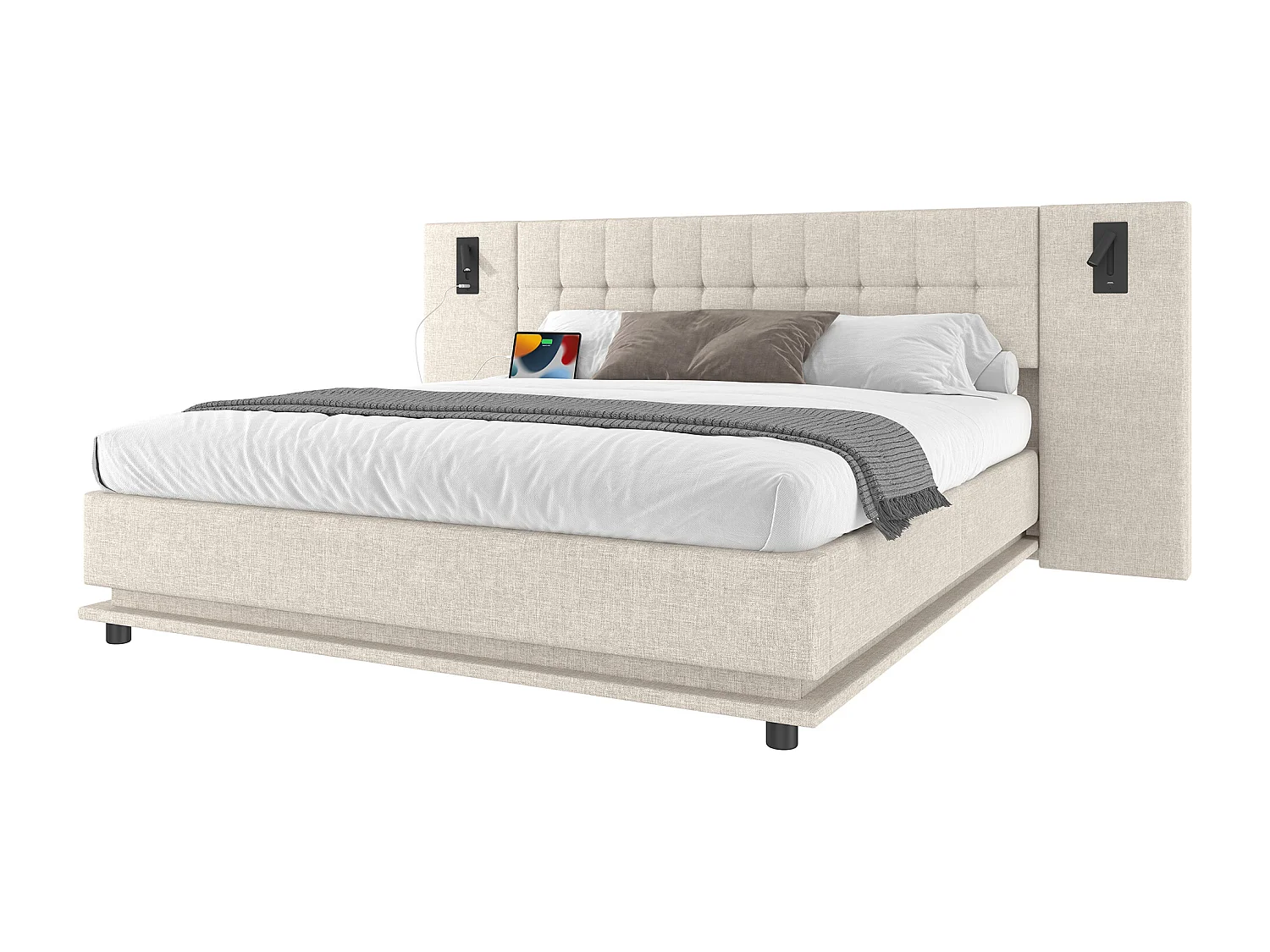 Linnenbed 180x200 cm met LED, hoofdbord met spot en USB-aansluiting, zonder matras, beige (203,5x250x103 cm)