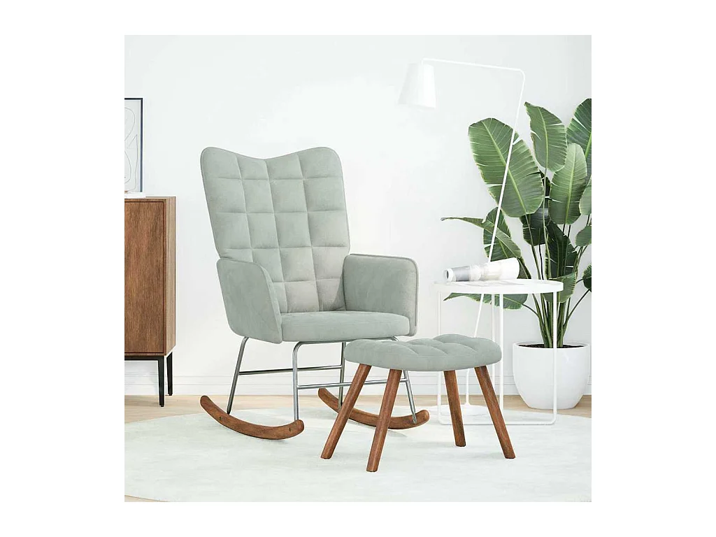 Chaise à bascule avec repose-pied gris clair velours