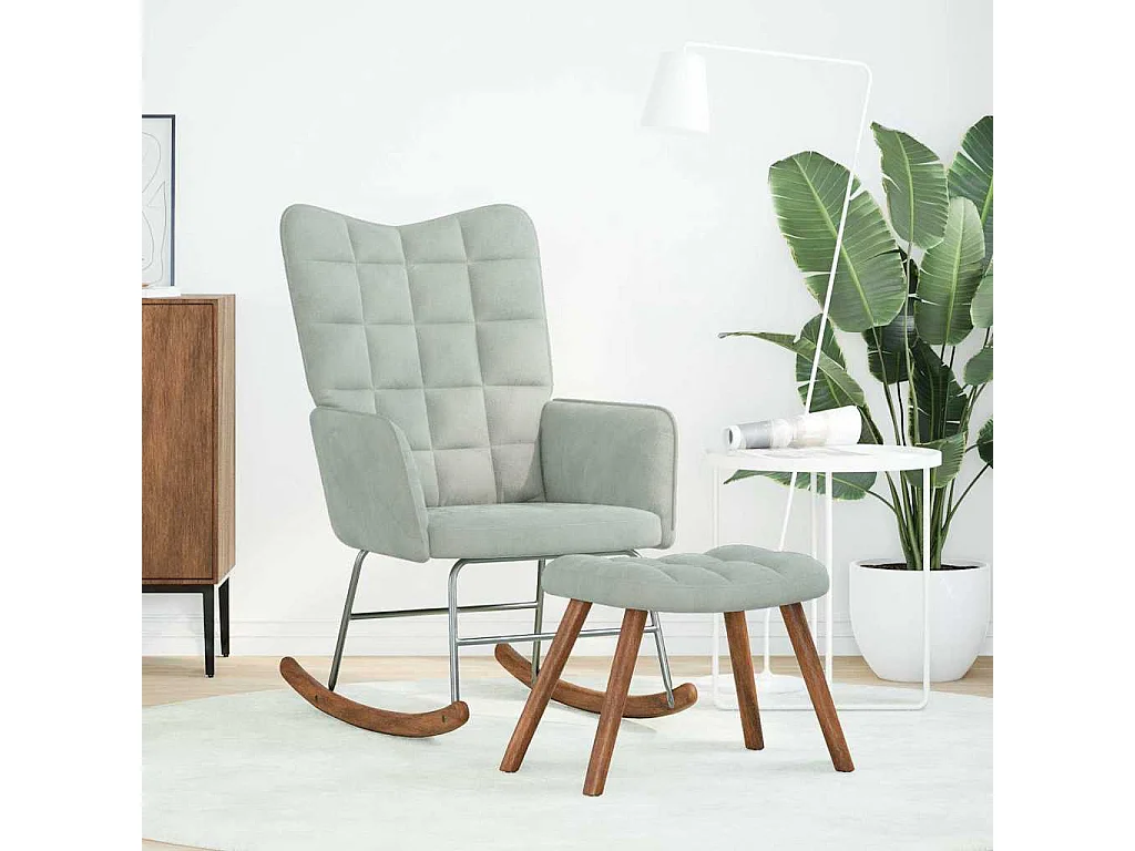 Chaise à bascule avec repose-pied gris clair velours