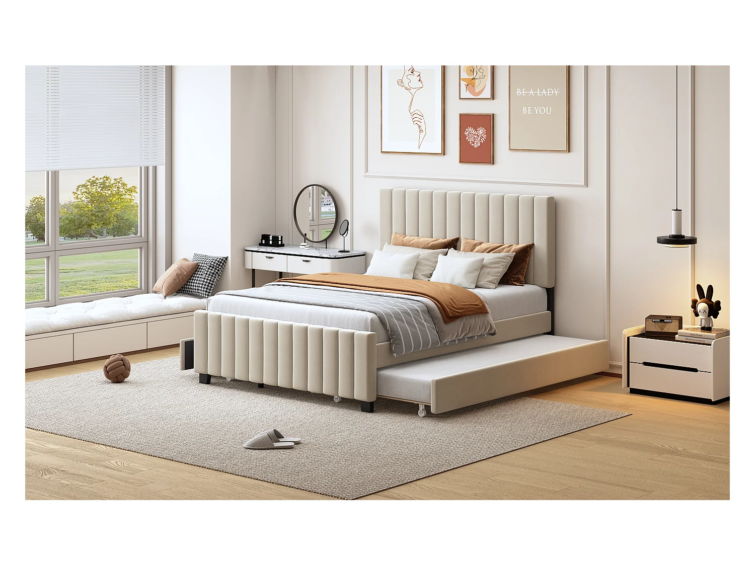 Opbergbed 140 x 190 cm met opklapbed, 2 lades, beige fluwelen stof (203 x 146,5 x 116,5 cm)