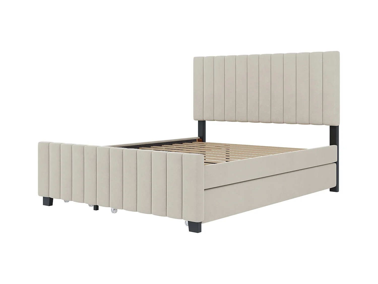 Opbergbed 140 x 190 cm met opklapbed, 2 lades, beige fluwelen stof (203 x 146,5 x 116,5 cm)