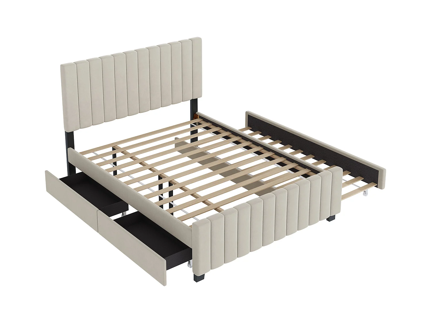 Opbergbed 140 x 190 cm met opklapbed, 2 lades, beige fluwelen stof (203 x 146,5 x 116,5 cm)