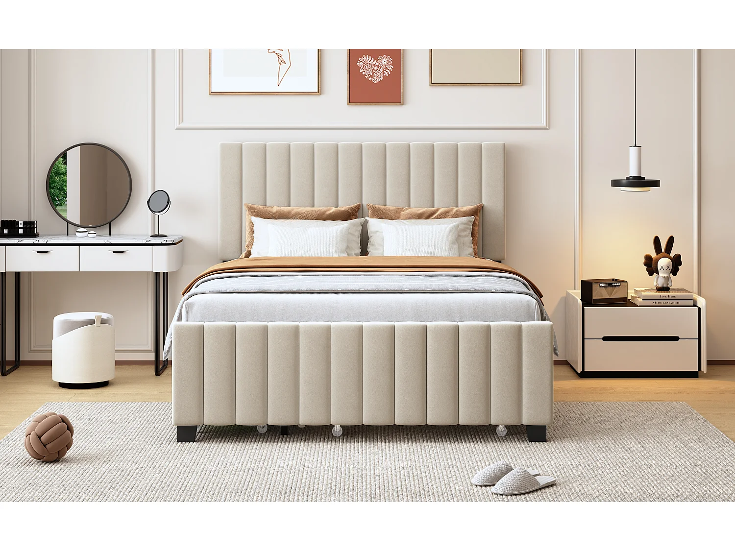 Lit coffre 140 x 190 cm avec lit escamotable, 2 tiroirs, tissu velours beige (203 x 146.5 x 116.5 cm)