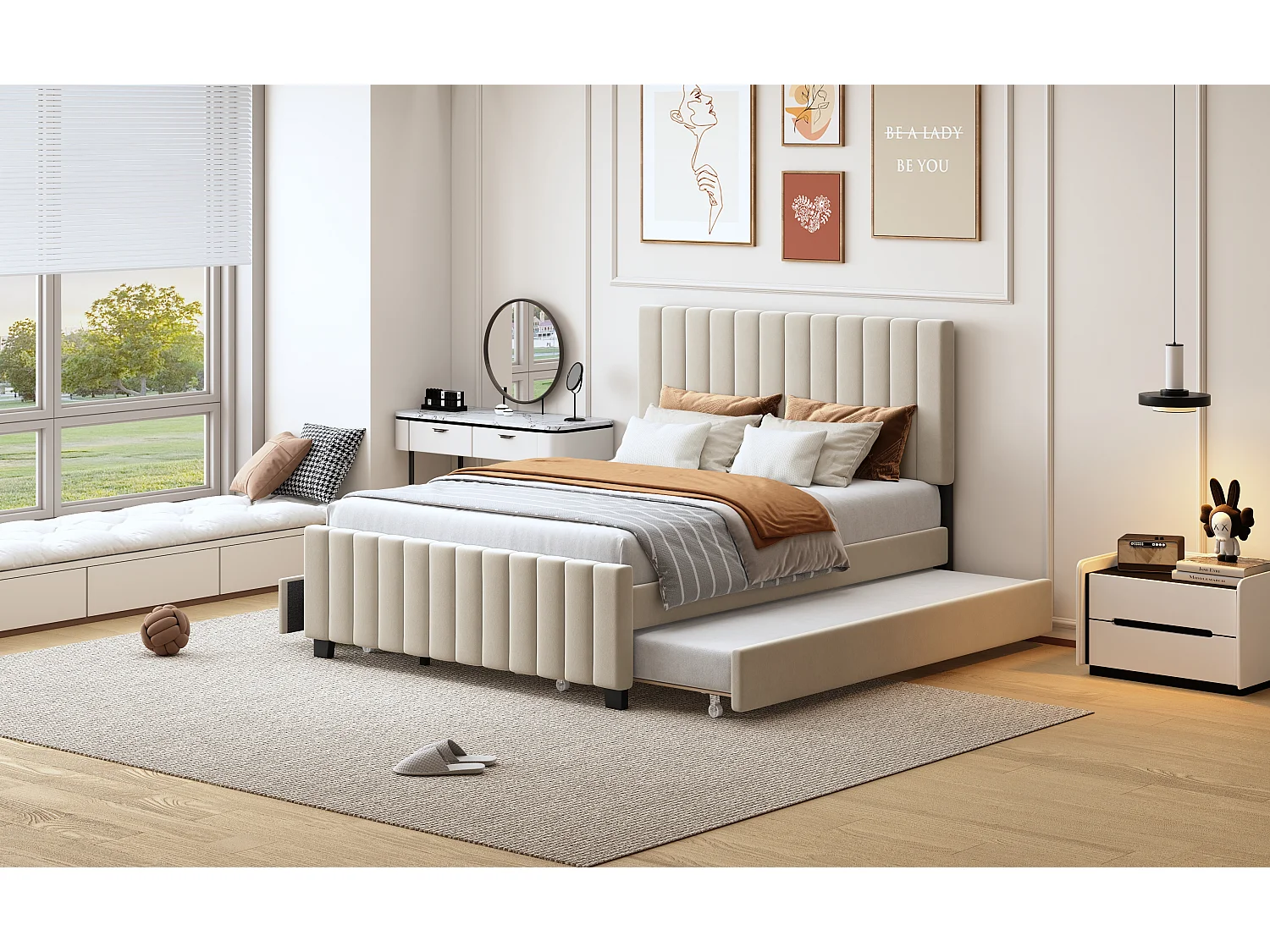 Lit coffre 140 x 190 cm avec lit escamotable, 2 tiroirs, tissu velours beige (203 x 146.5 x 116.5 cm)