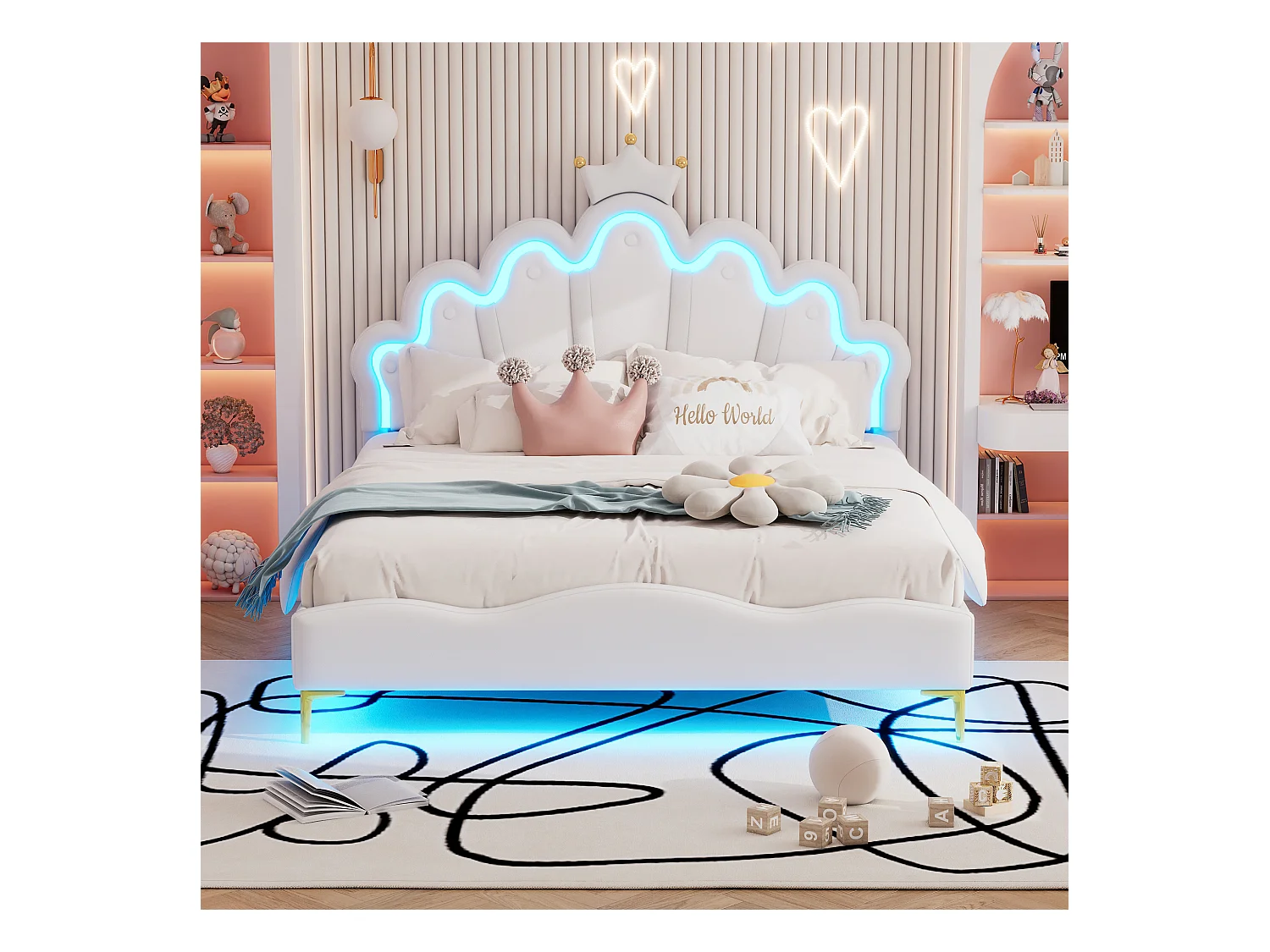 Prinsessenbed 140x200 cm met verstelbare LED-verlichting, kroonvormig hoofdeinde, PU, wit (203x140x129 cm)