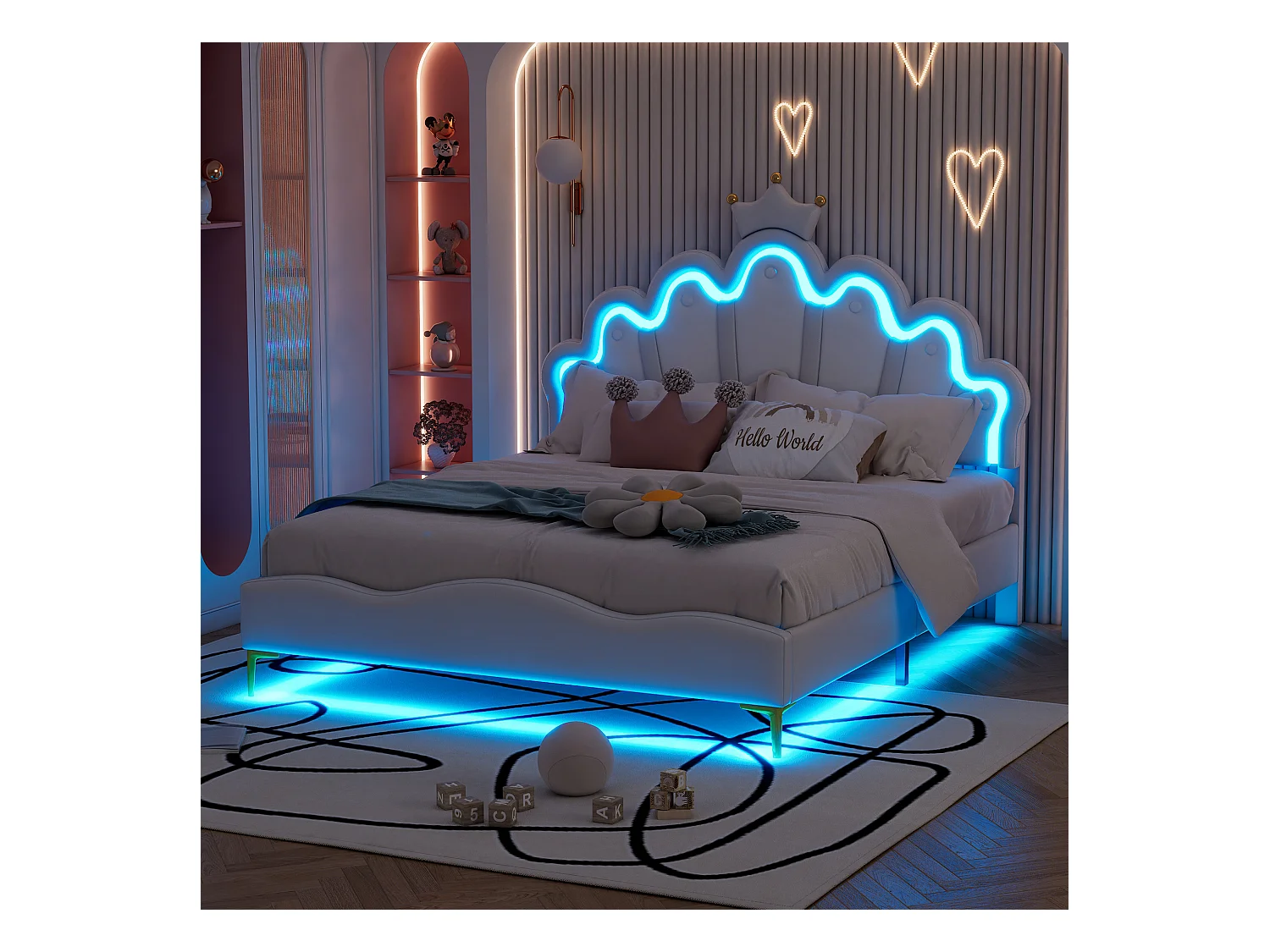 Prinsessenbed 140x200 cm met verstelbare LED-verlichting, kroonvormig hoofdeinde, PU, wit (203x140x129 cm)