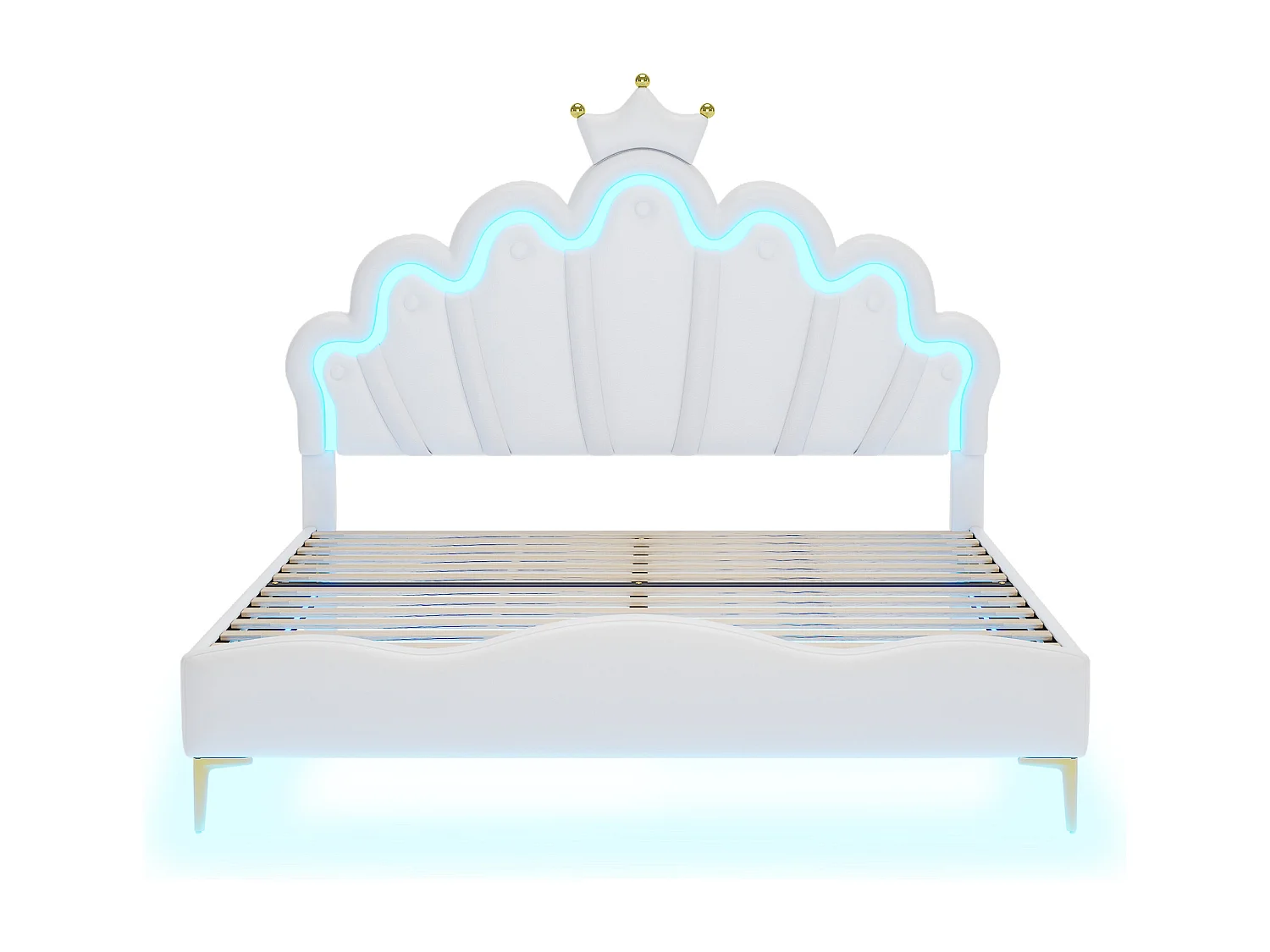 Lit princesse 140x200 cm avec éclairage LED réglable, tête de lit en forme de couronne, PU, blanc (203x140x129 cm)