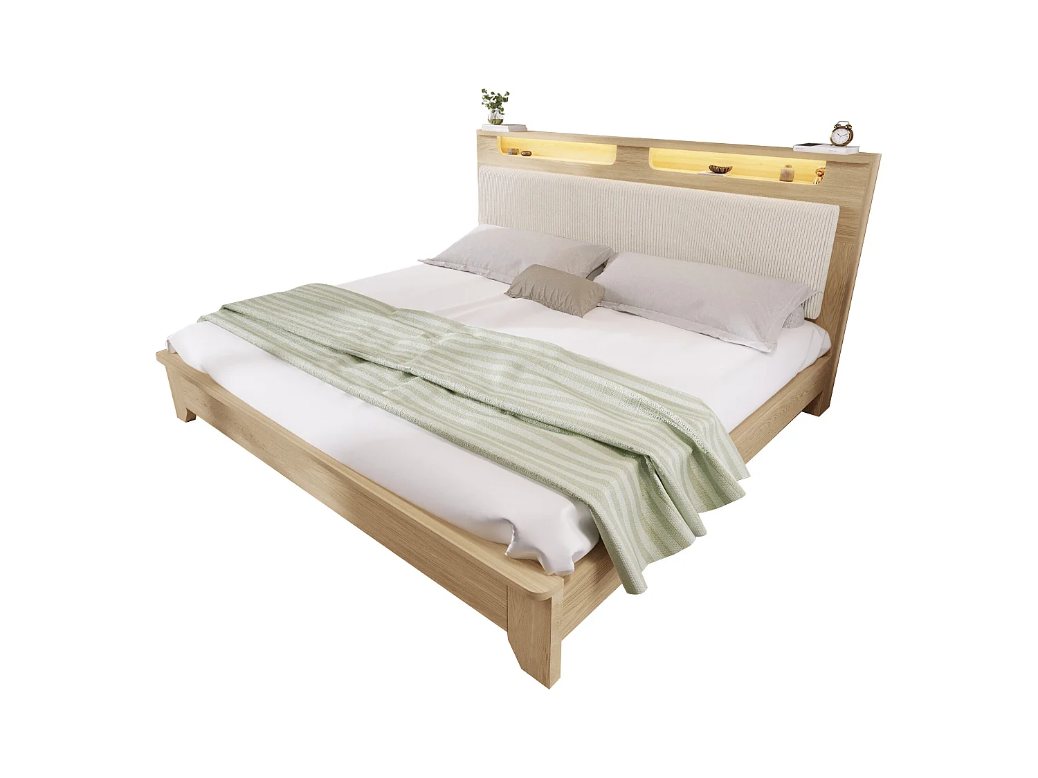Tweepersoonsbed 140x200 cm met hoofdbord, LED-verlichting en beige corduroy rugleuning, licht houten frame (140x200x110 cm)