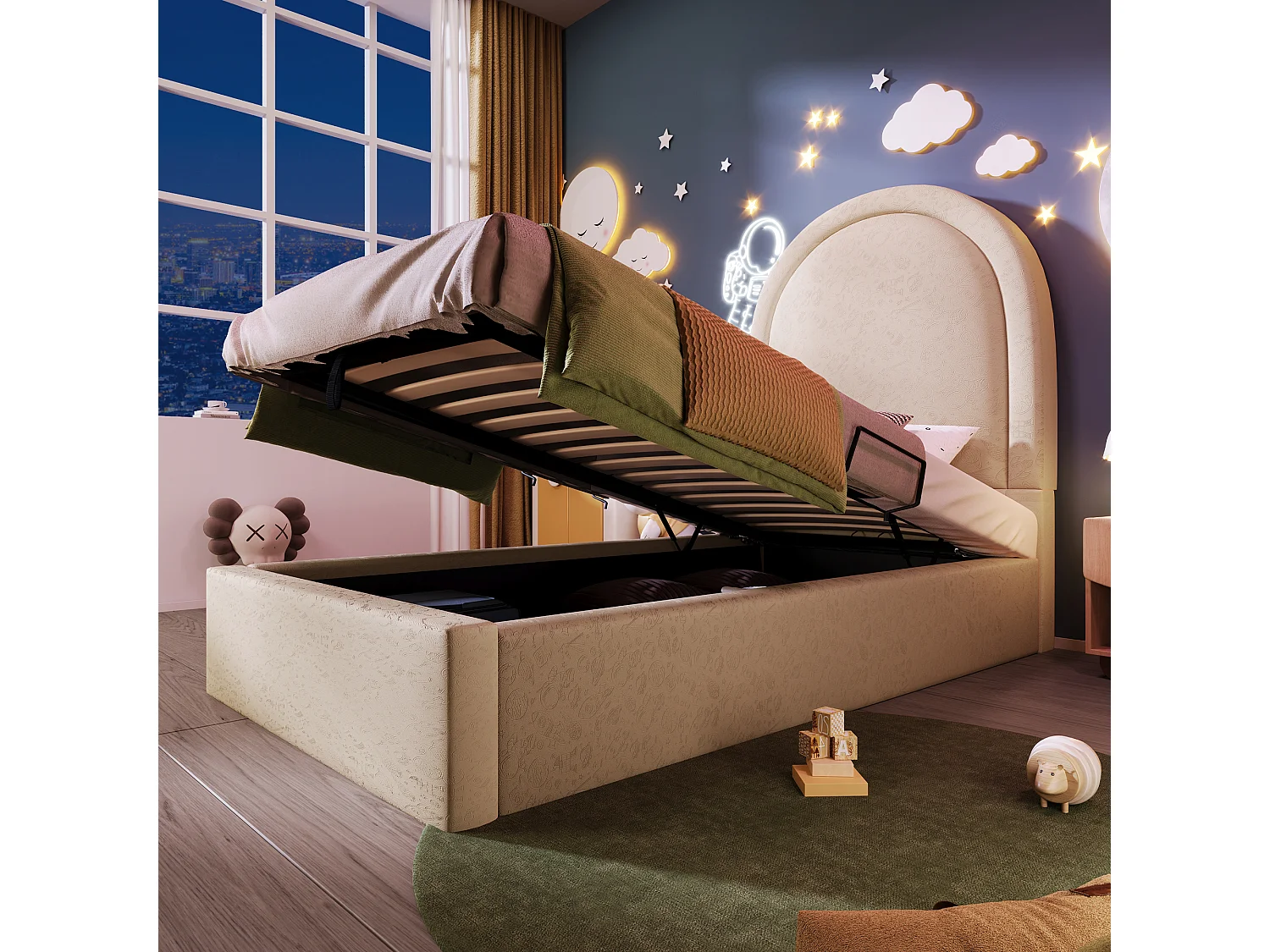 Lit enfant 90x200 cm avec motif cosmique, beige, en PU, pour garçons et filles (avec matelas)