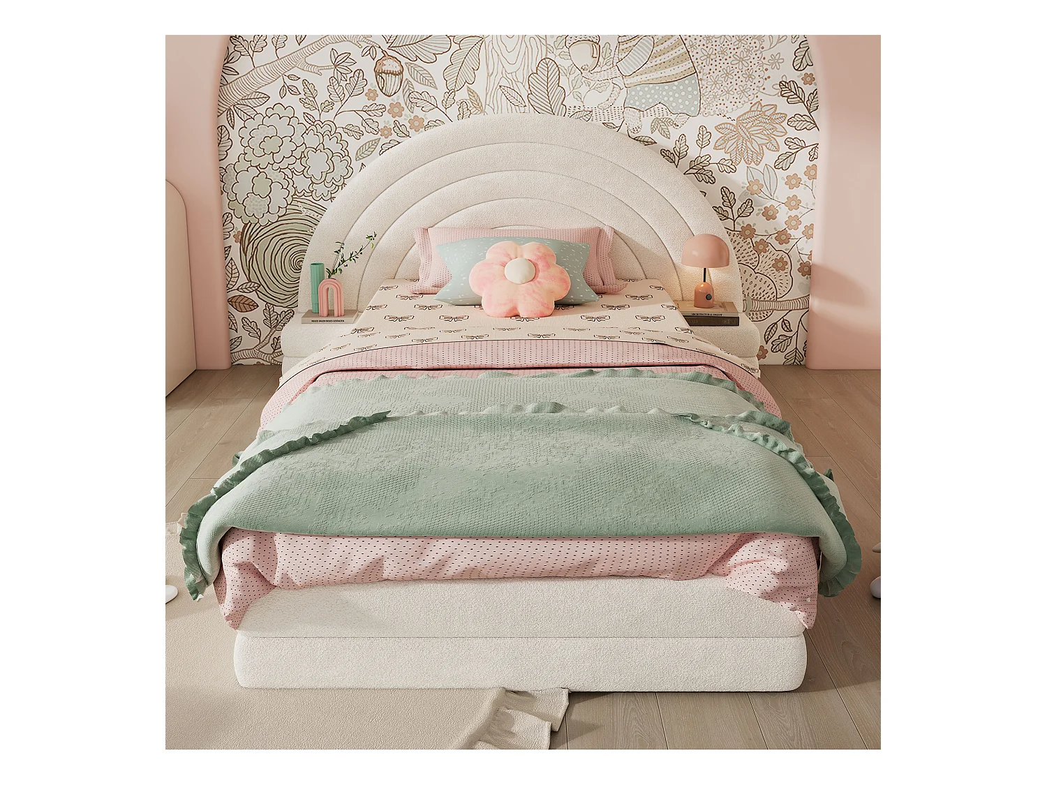 Eenpersoonsbed met regenboog hoofdbord, met nachtkastjes, imitatie fluwelen stof, beige (208,5x147x95 cm)