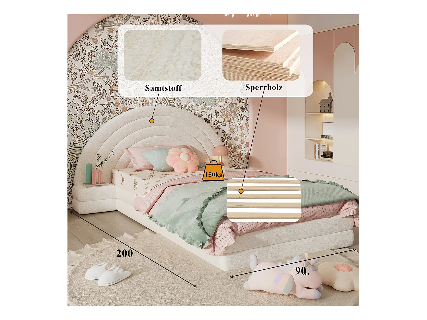 Eenpersoonsbed met regenboog hoofdbord, met nachtkastjes, imitatie fluwelen stof, beige (208,5x147x95 cm)