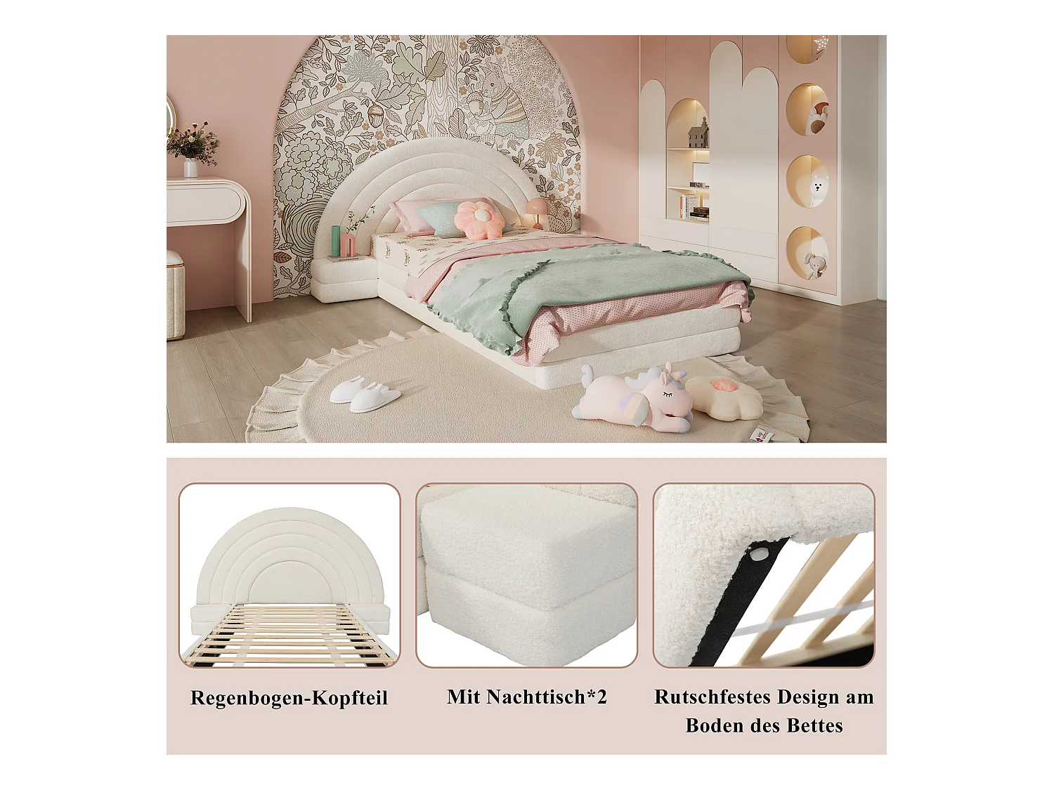 Eenpersoonsbed met regenboog hoofdbord, met nachtkastjes, imitatie fluwelen stof, beige (208,5x147x95 cm)