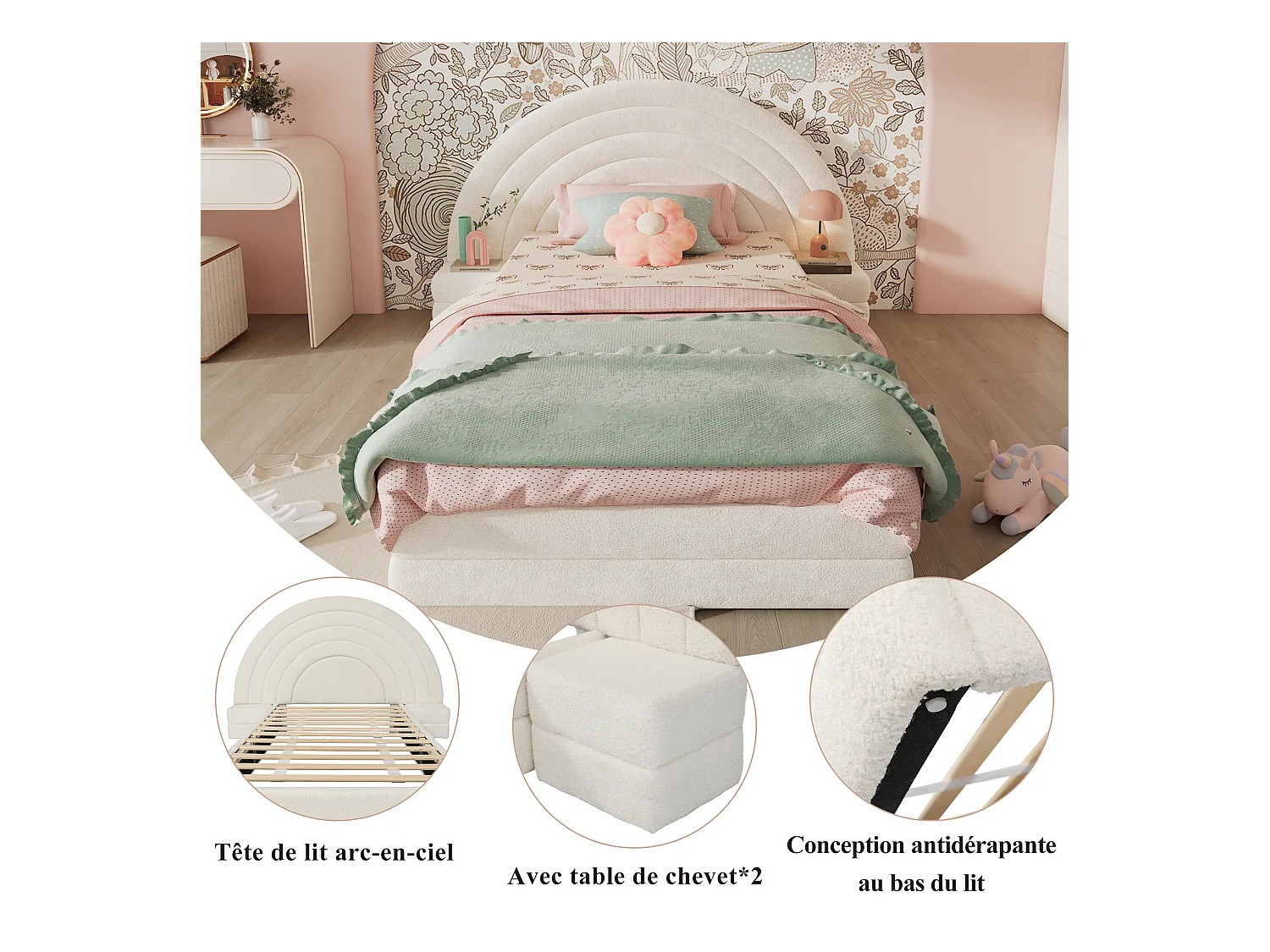 Eenpersoonsbed met regenboog hoofdbord, met nachtkastjes, imitatie fluwelen stof, beige (208,5x147x95 cm)