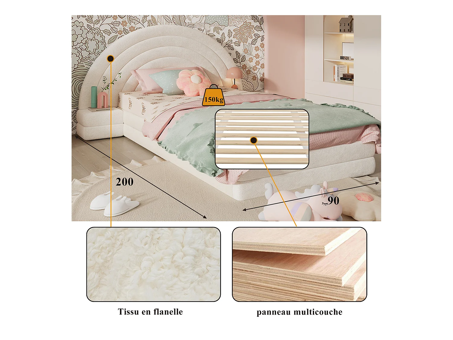 Eenpersoonsbed met regenboog hoofdbord, met nachtkastjes, imitatie fluwelen stof, beige (208,5x147x95 cm)