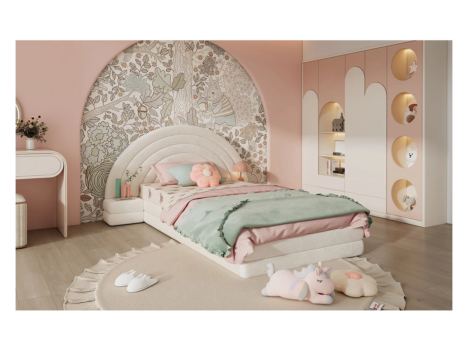 Eenpersoonsbed met regenboog hoofdbord, met nachtkastjes, imitatie fluwelen stof, beige (208,5x147x95 cm)