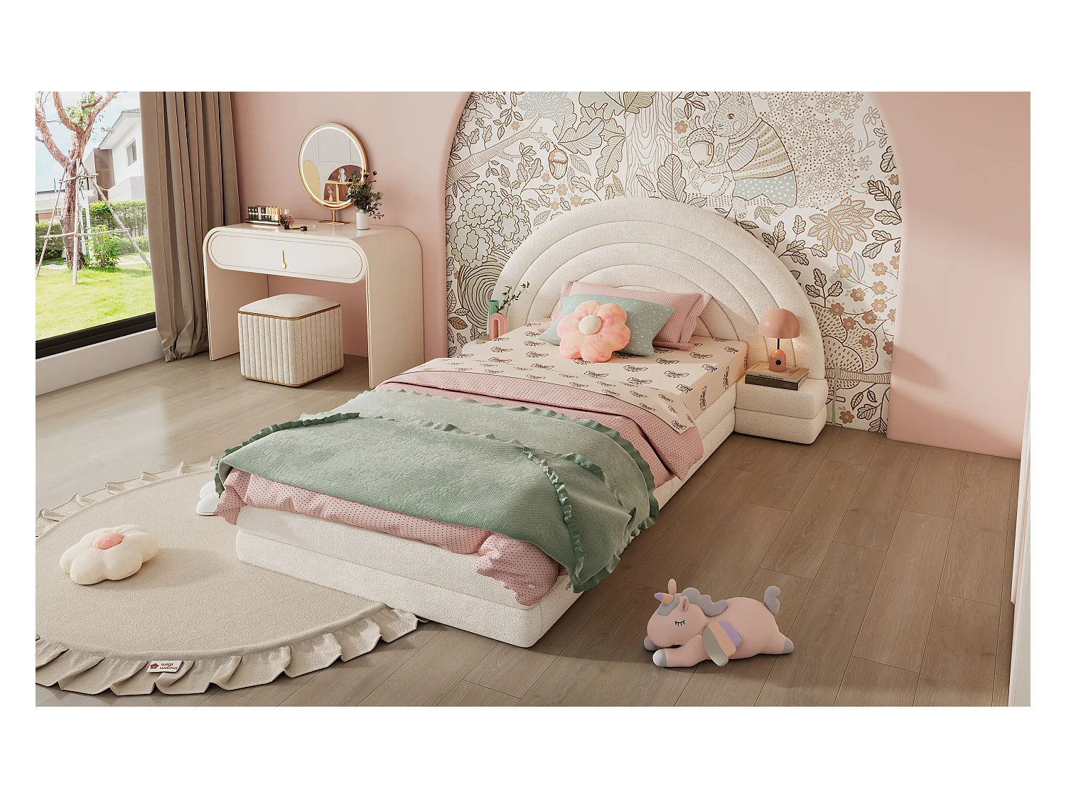 Eenpersoonsbed met regenboog hoofdbord, met nachtkastjes, imitatie fluwelen stof, beige (208,5x147x95 cm)