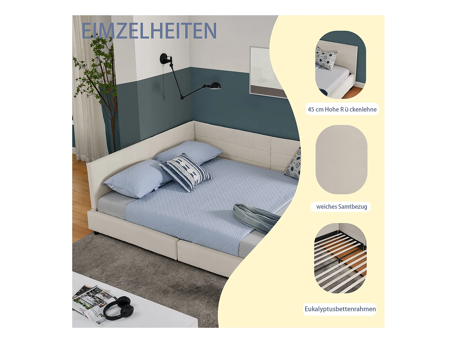 Tweepersoonsbed 140x200 cm, L-design met hoog hoofdeinde, zacht fluweel, eucalyptus en metalen frame, beige (140x200x70 cm)