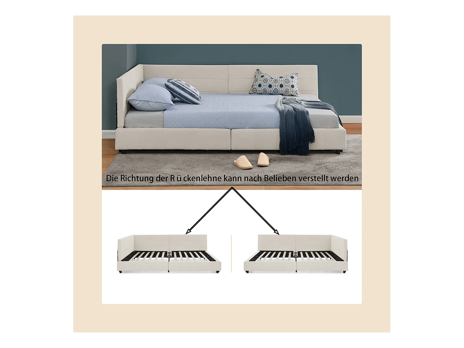 Tweepersoonsbed 140x200 cm, L-design met hoog hoofdeinde, zacht fluweel, eucalyptus en metalen frame, beige (140x200x70 cm)