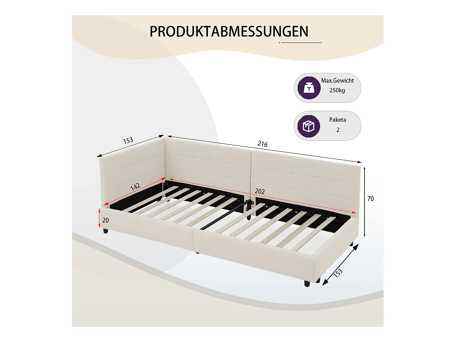 Tweepersoonsbed 140x200 cm, L-design met hoog hoofdeinde, zacht fluweel, eucalyptus en metalen frame, beige (140x200x70 cm)
