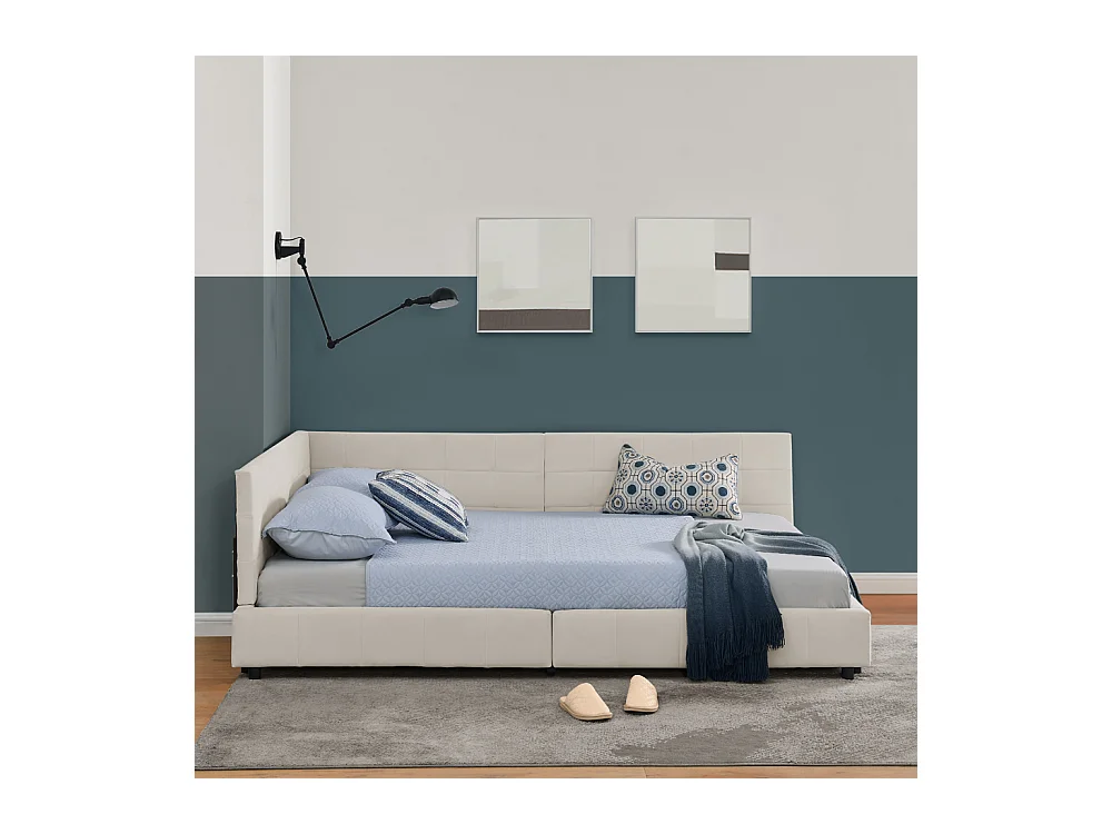 Tweepersoonsbed 140x200 cm, L-design met hoog hoofdeinde, zacht fluweel, eucalyptus en metalen frame, beige (140x200x70 cm)