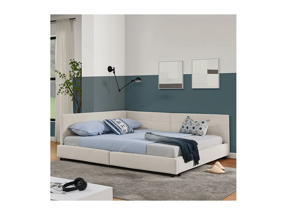 Lit double 140x200 cm, design L avec tête de lit haute, velours doux, cadre en eucalyptus et métal, beige (140x200x70 cm)