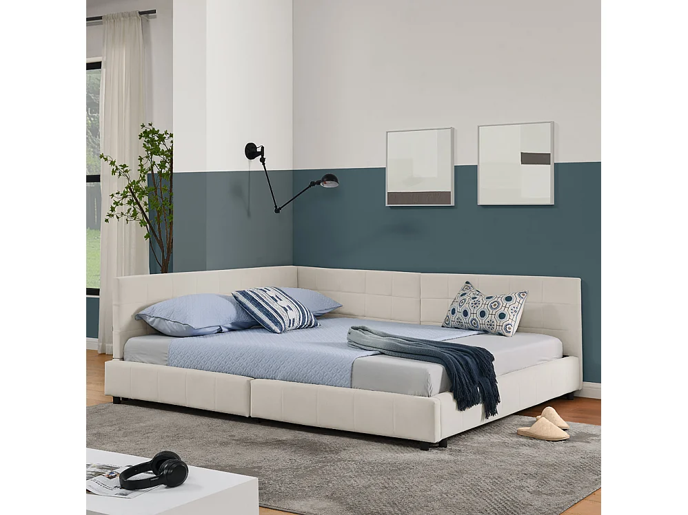 Lit double 140x200 cm, design L avec tête de lit haute, velours doux, cadre en eucalyptus et métal, beige (140x200x70 cm)