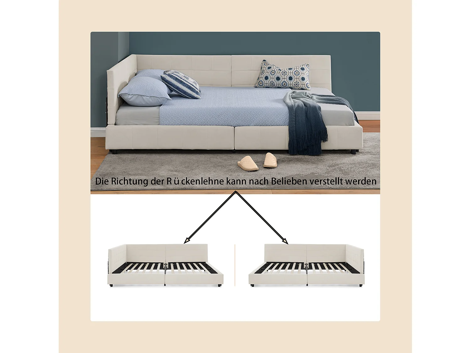 Lit double 140x200 cm, design L avec tête de lit haute, velours doux, cadre en eucalyptus et métal, beige (140x200x70 cm)