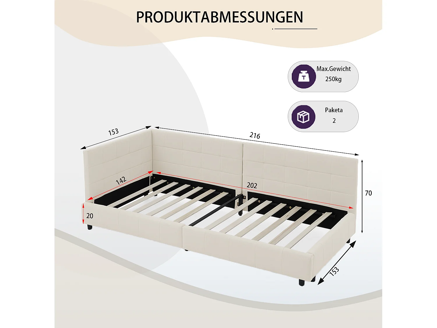 Lit double 140x200 cm, design L avec tête de lit haute, velours doux, cadre en eucalyptus et métal, beige (140x200x70 cm)