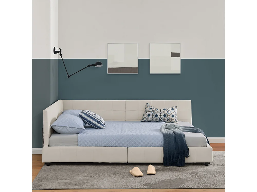 Lit double 140x200 cm, design L avec tête de lit haute, velours doux, cadre en eucalyptus et métal, beige (140x200x70 cm)