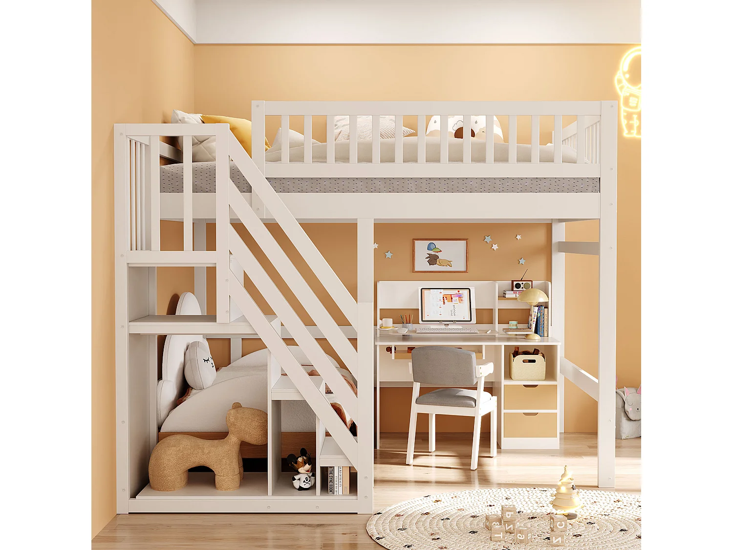 Lit en Bois Massif 140x200 avec Escalier de Rangement et Balustrade Haute, pour Enfant et Adolescent, MDF, Blanc (205x192x173 cm)