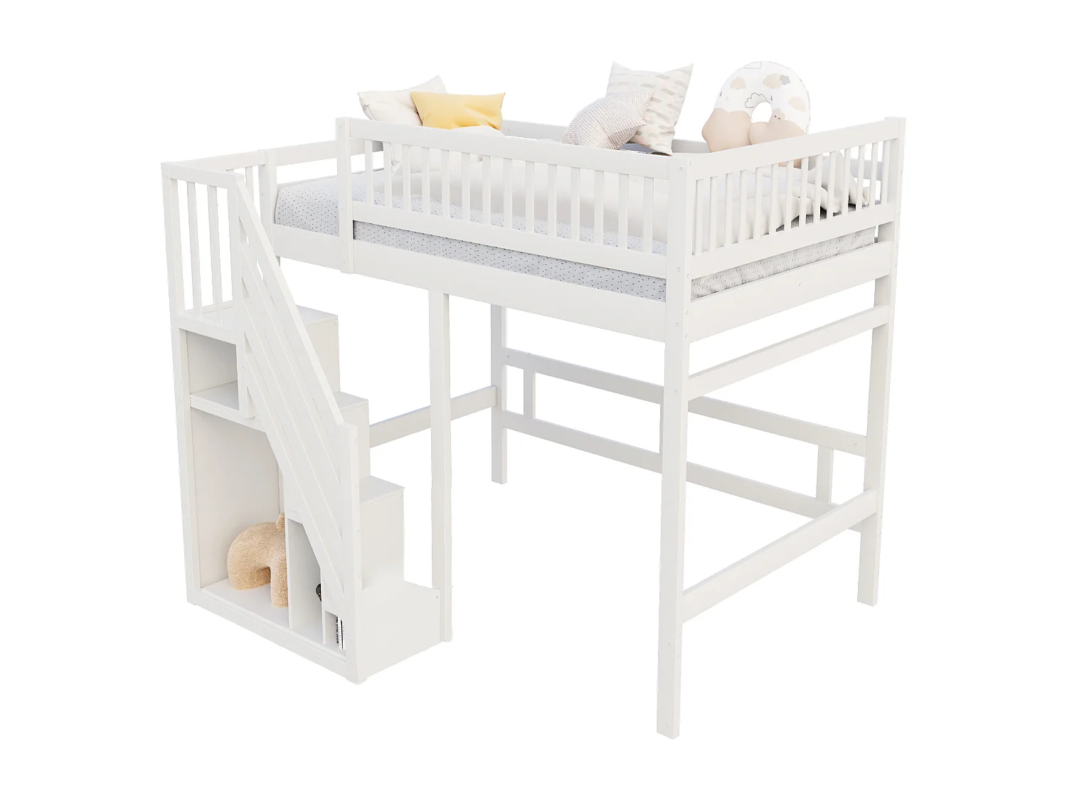 Lit en Bois Massif 140x200 avec Escalier de Rangement et Balustrade Haute, pour Enfant et Adolescent, MDF, Blanc (205x192x173 cm)