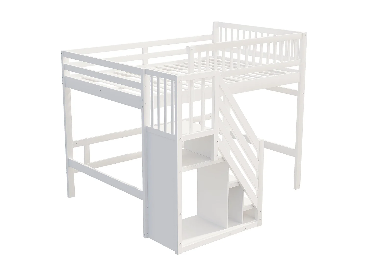 Lit en Bois Massif 140x200 avec Escalier de Rangement et Balustrade Haute, pour Enfant et Adolescent, MDF, Blanc (205x192x173 cm)